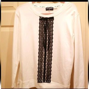KARL LAGERFELD White & Black Modal Pullover with Lace Bodice Size Small